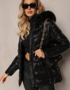 melya by melody Geacă Neagră Matlasată cu Efect Ușor Lucios Decorată cu Blană Secire