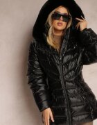 melya by melody Geacă Neagră Ușor Strălucitoare cu Glugă Decorată cu Blană Xardellia