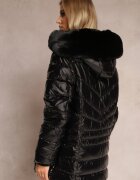melya by melody Geacă Neagră Ușor Strălucitoare cu Glugă Decorată cu Blană Xardellia