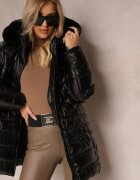 melya by melody Geacă Neagră Ușor Strălucitoare cu Glugă Decorată cu Blană Xardellia