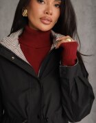 melya by melody Geacă Parka de tranziție cu glugă decorată cu model în carouri Isadorina Neagră