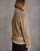 melya by melody Jachetă Biker Bej cu Blăniță Decorativă și Curea cu Cataramă Emaro
