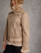 melya by melody Jachetă Biker Bej cu Blăniță Decorativă și Curea cu Cataramă Emaro