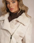 melya by melody Jachetă Biker Bej deschis cu Blană Decorativă și Curea cu Cataramă Emaro