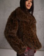 melya by melody Jachetă de blană maro cu imprimeu leopard cu buzunare laterale Neliven