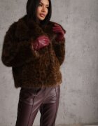 melya by melody Jachetă de blană maro cu imprimeu leopard cu buzunare laterale Neliven