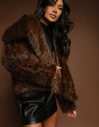 melya by melody Jachetă de blană maro cu imprimeu leopard cu buzunare laterale Neliven