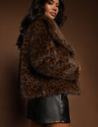melya by melody Jachetă de blană maro cu imprimeu leopard cu buzunare laterale Neliven