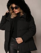 melya by melody Jachetă Neagră Legată Matlasată cu Glugă și Blană Elinerra