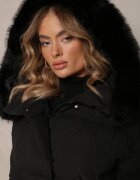 melya by melody Jachetă Neagră Legată Matlasată cu Glugă și Blană Elinerra