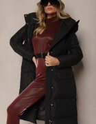 melya by melody Jachetă Neagră Lungă Matlasată cu Glugă Decorată cu Capse și Plisă Acosa