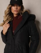 melya by melody Jachetă Neagră Lungă Matlasată cu Glugă Decorată cu Capse și Plisă Acosa
