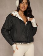 melya by melody Jachetă Neagră Matlasată Reversibilă Decorată cu Blană Pestriță Mevelliana