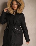 melya by melody Jachetă Parka Negru Strânsă în Talie cu Fermoar Dublu și Glugă cu Blană Edrieth