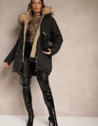 melya by melody Jachetă Parka Negru Strânsă în Talie cu Fermoar Dublu și Glugă cu Blană Edrieth