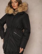 melya by melody Jachetă Parka Negru Strânsă în Talie cu Fermoar Dublu și Glugă cu Blană Edrieth