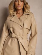 melya by melody Palton Trench Bej din Piele Ecologică Legat în Talie Decorat cu Curele Valentisha