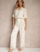 melya by melody Pantaloni Alb-Bej cu Viscoză și In Talie Înaltă cu Croială Largă cu Broderii Olerina