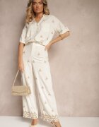 melya by melody Pantaloni Alb-Bej cu Viscoză și In Talie Înaltă cu Croială Largă cu Broderii Olerina