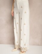 melya by melody Pantaloni Alb-Bej cu Viscoză și In Talie Înaltă cu Croială Largă cu Broderii Olerina