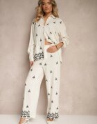 melya by melody Pantaloni Alb-Negru din Viscoză și In Talie înaltă cu croială largă cu Broderii Olerina