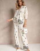 melya by melody Pantaloni Alb-Negru din Viscoză și In Talie înaltă cu croială largă cu Broderii Olerina