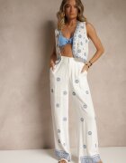 melya by melody Pantaloni Albi din viscoză și in Talie înaltă cu croială largă cu broderie Wilirna