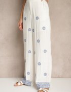 melya by melody Pantaloni Albi din viscoză și in Talie înaltă cu croială largă cu broderie Wilirna