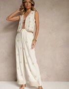 melya by melody Pantaloni Bej din Vâscoză și In High Waist cu Croială Largă cu Broderie Wilirna