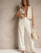 melya by melody Pantaloni Bej din Vâscoză și In High Waist cu Croială Largă cu Broderie Wilirna