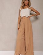melya by melody Pantaloni bej largi cu pliuri talie înaltă Mirealli