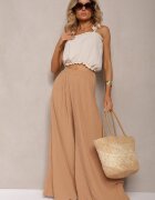 melya by melody Pantaloni bej largi cu pliuri talie înaltă Mirealli