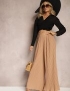 melya by melody Pantaloni bej largi cu pliuri talie înaltă Mirealli