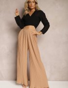 melya by melody Pantaloni bej largi cu pliuri talie înaltă Mirealli