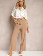 melya by melody Pantaloni Bej Regular cu Dungi High Waist Sallamia