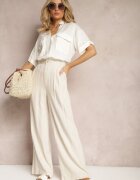 melya by melody Pantaloni Larghi Bej cu Talie Înaltă din In și Viscoză Apoises