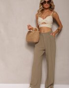 melya by melody Pantaloni Largi Verde închis cu Talie înaltă din In și Viscoză Apoises
