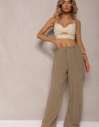 melya by melody Pantaloni Largi Verde închis cu Talie înaltă din In și Viscoză Apoises