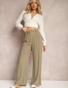 melya by melody Pantaloni Largi Verde închis cu Talie înaltă din In și Viscoză Apoises