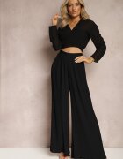 melya by melody Pantaloni negri largi cu Pliuri High Waist Mirealli