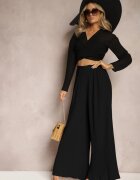 melya by melody Pantaloni negri largi cu Pliuri High Waist Mirealli