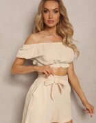 melya by melody Pantaloni scurți bej din bumbac cu elastic în talie și curea Lovenia