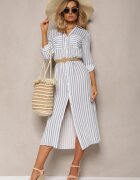 melya by melody Rochie Alb cu Albastru Tip cămașă Midi în dungi cu in și curea împletită Efordia