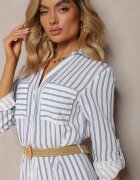 melya by melody Rochie Alb cu Albastru Tip cămașă Midi în dungi cu in și curea împletită Efordia