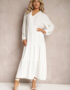 melya by melody Rochie Albă Evazată Maxi cu Volane și Guler Rehtima