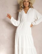melya by melody Rochie Albă Evazată Maxi cu Volane și Guler Rehtima