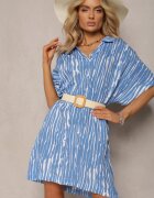melya by melody Rochie Albastră Dreaptă din In și Bumbac cu Guler Umstalia