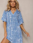 melya by melody Rochie Albastră Dreaptă din In și Bumbac cu Guler Umstalia