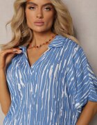 melya by melody Rochie Albastră Dreaptă din In și Bumbac cu Guler Umstalia