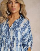 melya by melody Rochie Albastră Evazată cu guler din viscoză cu model modern Ilvana